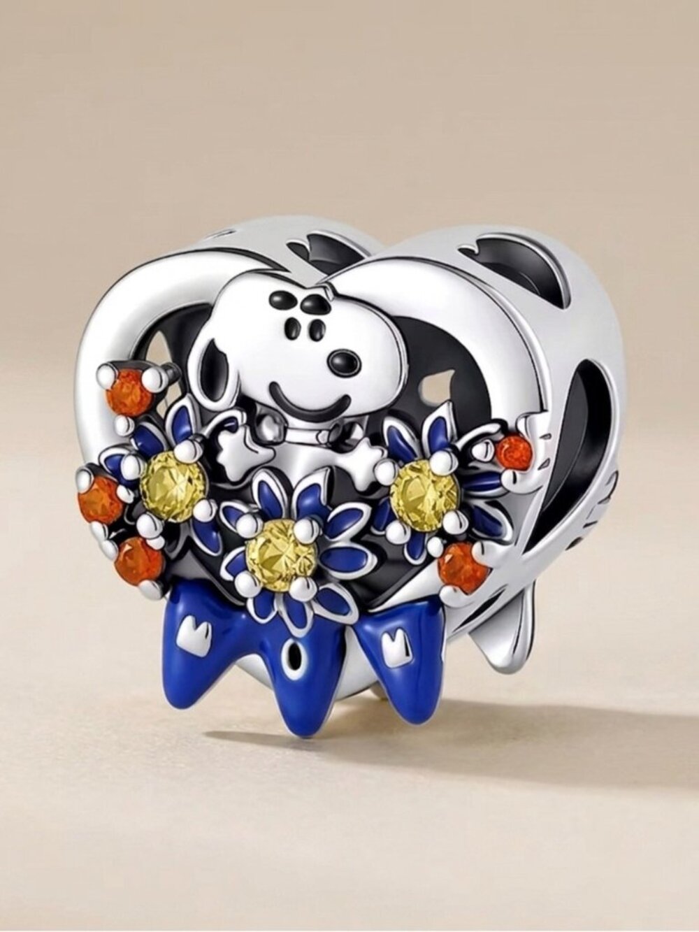 Silver Heart Charm with Blue Enamel and Yellow & Orange Stones